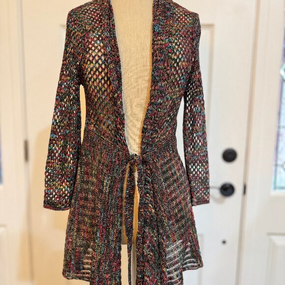 Womens Open Weave Tunic Sweater Jacket M/L Crochet Front Tie Multicolor - Picture 2 of 8